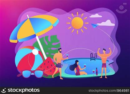 Young tiny people with parasol and ball at the swimming pool have fun drinking wine. Pool party, dance swim drink, swimming pool activity concept. Bright vibrant violet vector isolated illustration. Pool party concept vector illustration.