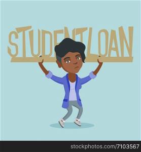 Young tired african-american woman holding a heavy sign of student loan. Concept of the high cost of student loan. Vector cartoon illustration. Square layout.. Young african woman holding sign of student loan.