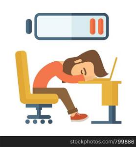 Young tired employee sitting, lying on his table with low power sign on the top of his head need rest, vacation, holiday. Vector flat design illustration isolated on white background. Vertical layout with text space on top part.. Lying tired employee.