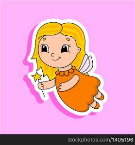 Young tooth fairy in a dress with wings and a magic wand. Bright color sticker. Cartoon character. Vector illustration. Design element. With white contour.