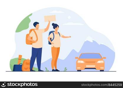 Young tourists with backpacks standing near road and hitchhiking isolated flat vector illustration. Cartoon happy couple thumbing to car. Vacation, road trip and adventure travel concept