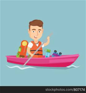 Young traveler man riding in a kayak on the river. Cheerful caucasian traveler man traveling by kayak. Concept of travel and tourism. Vector flat design illustration. Square layout.. Man riding in kayak vector illustration.