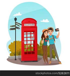 Young Travelers Composition. Composition with couple of smiling young travelers making selfie with red telephone box in summertime vector illustration