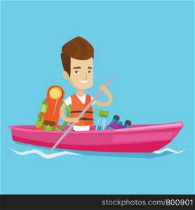 Young traveling man riding in a kayak on the river with skull in hands and some tourist equipment behind him. Cheerful caucasian man traveling by kayak. Vector flat design illustration. Square layout.. Man riding in kayak vector illustration.