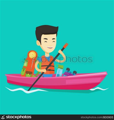 Young traveling man riding in a kayak on the river with skull in hands and some tourist equipment behind him. Cheerful asian man traveling by kayak. Vector flat design illustration. Square layout.. Man riding in kayak vector illustration.