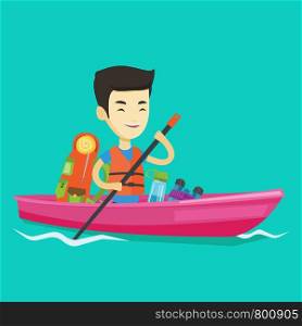 Young traveling man riding in a kayak on the river with skull in hands and some tourist equipment behind him. Cheerful asian man traveling by kayak. Vector flat design illustration. Square layout.. Man riding in kayak vector illustration.