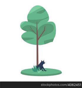 Young tree with black cat underneath semi flat color vector object. Garden and park. Full sized item on white. Simple cartoon style illustration for web graphic design and animation. Young tree with black cat underneath semi flat color vector object