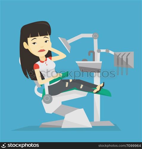 Young upset asian patient visiting dentist because of toothache. Sad patient suffering from toothache. Sorrowful woman having a strong toothache. Vector flat design illustration. Square layout.. Woman suffering from toothache.