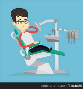 Young upset asian patient visiting dentist because of toothache. Sad patient suffering from toothache. Sorrowful man having a strong toothache. Vector flat design illustration. Square layout.. Man suffering from toothache.