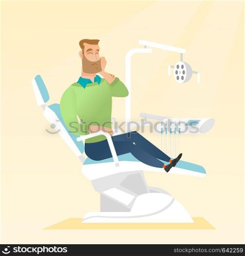 Young upset caucasian patient visiting dentist because of toothache. Sad patient suffering from toothache. Sorrowful man having a strong toothache. Vector flat design illustration. Square layout.. Man suffering from toothache.