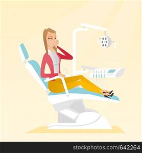 Young upset caucasian patient visiting dentist because of toothache. Sad patient suffering from toothache. Sorrowful woman having a strong toothache. Vector flat design illustration. Square layout.. Woman suffering from toothache.