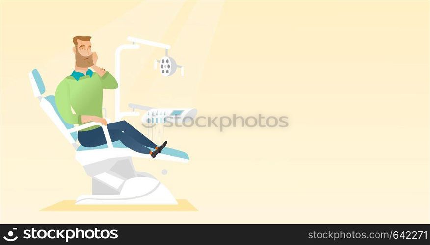 Young upset caucasian patient visiting dentist because of toothache. Sad patient suffering from toothache. Sorrowful man having a strong toothache. Vector flat design illustration. Horizontal layout.. Man suffering from toothache.