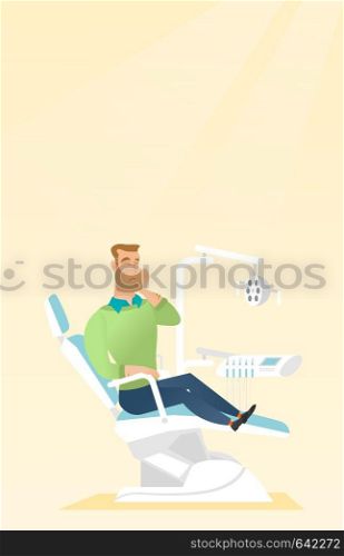 Young upset caucasian patient visiting dentist because of toothache. Sad patient suffering from toothache. Sorrowful man having a strong toothache. Vector flat design illustration. Vertical layout.. Man suffering from toothache.