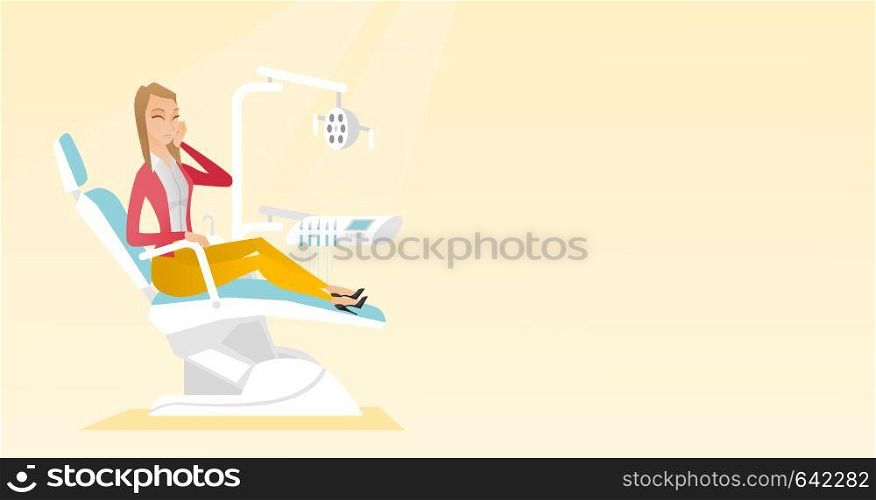 Young upset caucasian patient visiting dentist because of toothache. Sad patient suffering from toothache. Sorrowful woman having a strong toothache. Vector flat design illustration. Horizontal layout. Woman suffering from toothache.