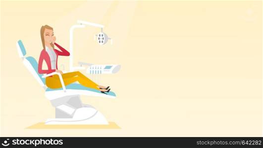 Young upset caucasian patient visiting dentist because of toothache. Sad patient suffering from toothache. Sorrowful woman having a strong toothache. Vector flat design illustration. Horizontal layout. Woman suffering from toothache.