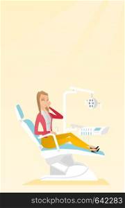 Young upset caucasian patient visiting dentist because of toothache. Sad patient suffering from toothache. Sorrowful woman having a strong toothache. Vector flat design illustration. Vertical layout.. Woman suffering from toothache.