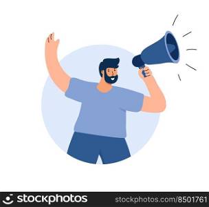 Young vector man shouting into megaphone about discount or protest. Boy warning about seasonal sales flat illustration shopping. Online c&aign concept for banner, web design.. Young vector man shouting into megaphone about discount or protest. Boy warning about seasonal sales flat illustration shopping. Online c&aign concept for banner, web design