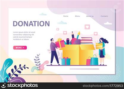 Young volunteers packing donation box. Concept of social assistance, charity, care for homeless and support. Landing page template, homepage. Donation clothes, money, books. Flat vector illustration. Young volunteers packing donation box. Concept of social assistance, charity, care for homeless and support. Landing page template, homepage