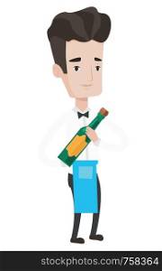 Young waiter holding a bottle of alcohol. Caucasian waiter standing with bottle of wine in hands. Waiter presenting a wine bottle. Vector flat design illustration isolated on white background.. Waiter holding bottle of alcohol.