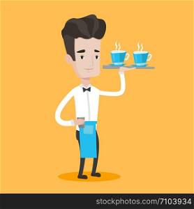 Young waiter holding a tray with cups of tea or coffee. Friendly waiter standing with tray with cups of hot flavoured beverages. Vector flat design illustration. Square layout.. Waiter holding tray with cups of coffeee or tea.