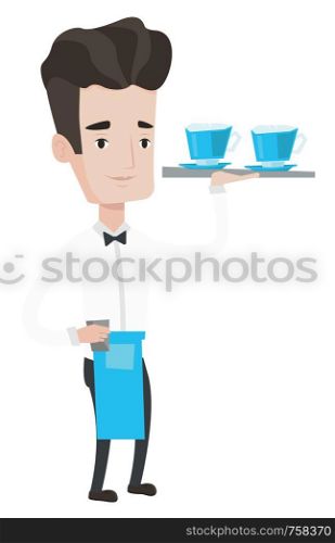 Young waiter holding a tray with cups of tea or coffee. Caucasian friendly waiter standing with tray with cups of hot flavoured coffee. Vector flat design illustration isolated on white background.. Waiter holding tray with cups of coffeee or tea.