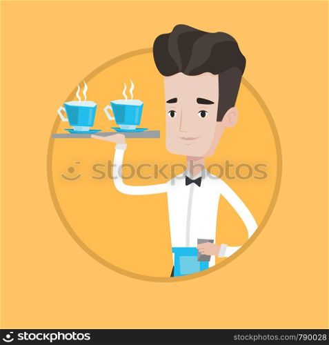 Young waiter holding a tray with cups of tea or coffee. Caucasian waiter standing with tray with cups of hot flavoured coffee. Vector flat design illustration in the circle isolated on background.. Waiter holding tray with cups of coffeee or tea.