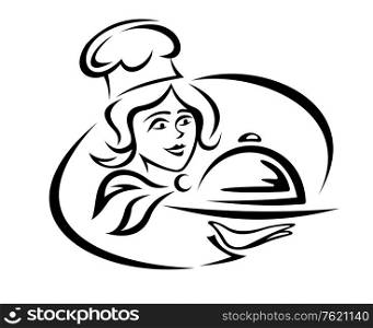 Young waiter with food tray for catering design