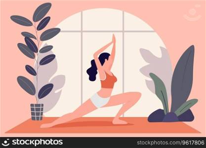 Young white woman doing yoga in the morning at home, keeping active healthy lifestyle. Relaxation, exersices, female chracter having calm peaceful mood.