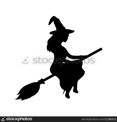 Young witch flying on a broomstick silhouette on a white background. ghost woman vector illustration. Young witch flying on a broomstick