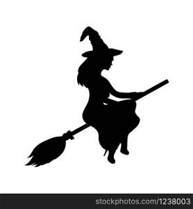 Young witch flying on a broomstick silhouette on a white background. ghost woman vector illustration. Young witch flying on a broomstick
