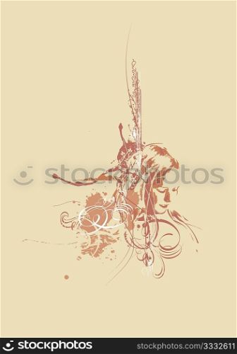 Young woman&acute;s face on abstract grunge background with floral elements. Vector illustration.