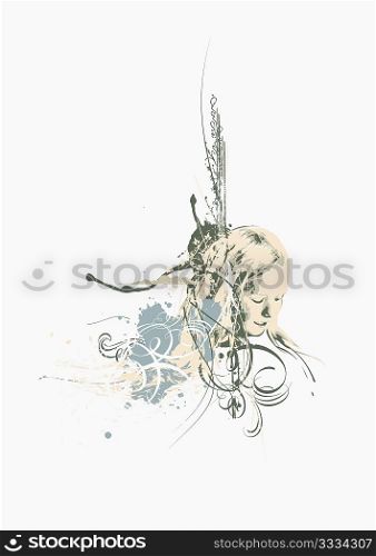 Young woman&acute;s face on abstract grunge background with floral elements. Vector illustration.