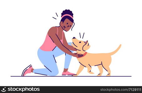 Young woman and cheerful puppy flat vector illustration. Active leisure. African american girl playing with dog isolated cartoon character with outline elements on white background