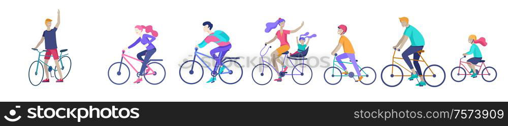 Young woman and man ride the bike, family and friends riding bicycles. Mom, dad and children on bike and cycling together. Sports outdoor activity. Cartoon vector illustration. Young woman and man ride the bike in the park, family and friends riding bicycles. Mom, dad and children on bikes at park cycling together. Sports outdoor activity. Cartoon vector