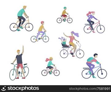 Young woman and man ride the bike, family and friends riding bicycles. Mom, dad and children on bike and cycling together. Sports outdoor activity. Cartoon vector illustration. Young woman and man ride the bike in the park, family and friends riding bicycles. Mom, dad and children on bikes at park cycling together. Sports outdoor activity. Cartoon vector