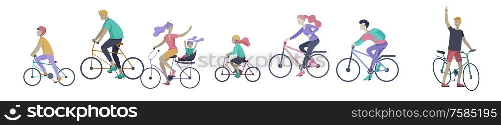 Young woman and man ride the bike, family and friends riding bicycles. Mom, dad and children on bike and cycling together. Sports outdoor activity. Cartoon vector illustration. Young woman and man ride the bike in the park, family and friends riding bicycles. Mom, dad and children on bikes at park cycling together. Sports outdoor activity. Cartoon vector