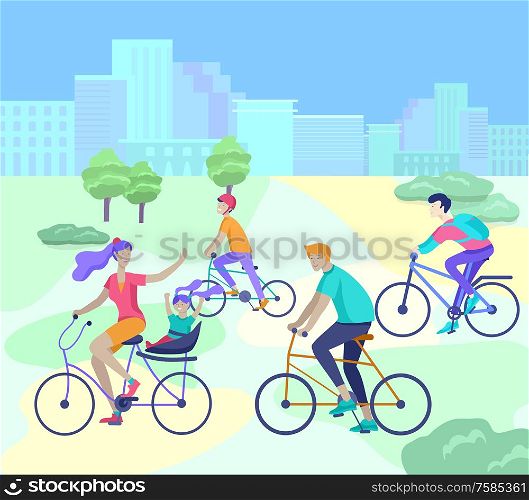 Young woman and man ride the bike in the park, family and friends riding bicycles. Mom, dad and children on bikes at park cycling together. Sports outdoor activity. Cartoon vector illustration. Young woman and man ride the bike in the park, family and friends riding bicycles. Mom, dad and children on bikes at park cycling together. Sports outdoor activity. Cartoon vector