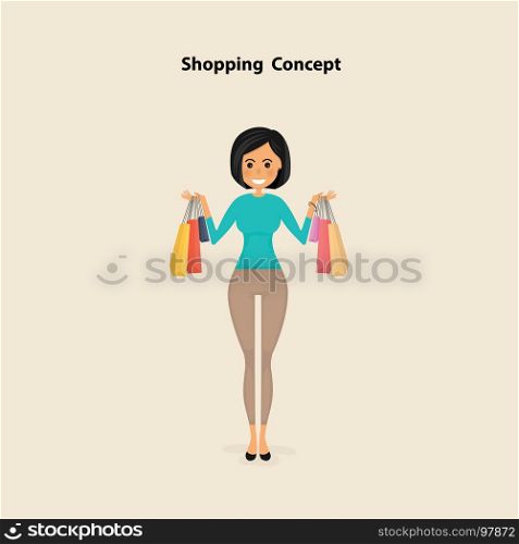 Young woman and shopping bags on a background.Pretty woman purchasing products and making orders with shopping bags.Shopping concept.Vector illustration.