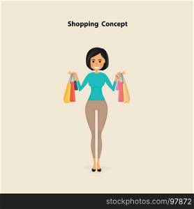 Young woman and shopping bags on a background.Pretty woman purchasing products and making orders with shopping bags.Shopping concept.Vector illustration.