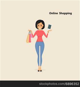 Young woman and shopping bags with smart phone on a background.Pretty woman purchasing products and making orders using a smart phone with shopping bags.Online shopping concept.Vector illustration.