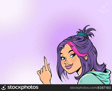 Young woman announces, index finger up. Advertising info announcement sign template. Comic cartoon style kitsch vintage hand drawn illustration. Young woman announces, index finger up. Advertising info announcement sign template