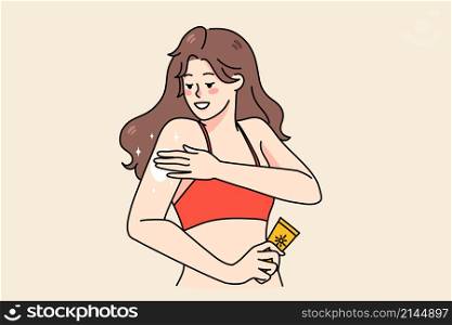 Young woman apply sunscreen lotion on arms protect from sun on beach. Girl take care of body skin during summer. Skincare and cosmetology concept. Flat vector illustration. . Woman apply sunscreen on body during summer