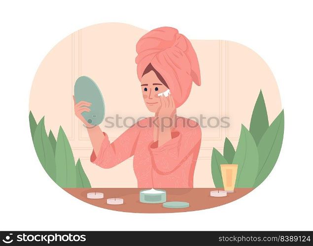 Young woman applying facial cream 2D vector isolated illustration. Lady at home spa flat character on cartoon background. Self care colourful editable scene for mobile, website, presentation. Young woman applying facial cream 2D vector isolated illustration