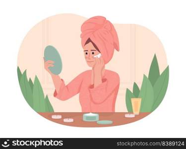 Young woman applying facial cream 2D vector isolated illustration. Lady at home spa flat character on cartoon background. Self care colourful editable scene for mobile, website, presentation. Young woman applying facial cream 2D vector isolated illustration
