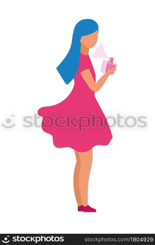 Young woman applying perfume semi flat color vector character. Full body person on white. Testing perfume scent isolated modern cartoon style illustration for graphic design and animation. Young woman applying perfume semi flat color vector character