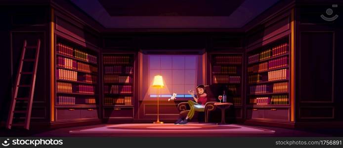 Young woman at home library writing with wine bottle on table at night time. Thoughtful girl compose verses or put memoirs in notebook in dark room with books around. Cartoon vector illustration.. Young woman at home library writing with wine
