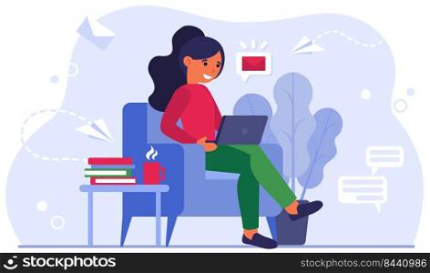 Young woman at home office flat vector illustration. Cartoon girl sitting in comfy cozy chair and working with laptop computer. Freelance and isolation concept