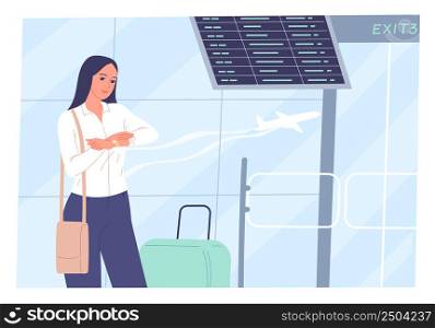 Young woman at the airport looking at her watch while standing at the board with flight timetable.. Young woman at the airport looking at her watch while standing at the board with flight timetable