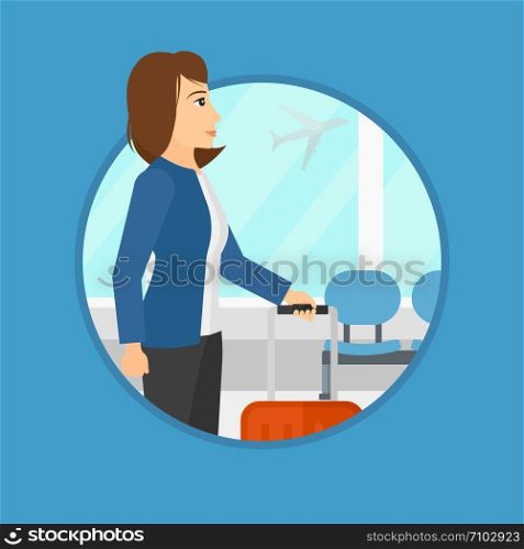 Young woman at the airport with a suitcase. Woman standing at the airport and looking through the window at the flying airplane. Vector flat design illustration in the circle isolated on background.. Woman at the airport with suitcase.