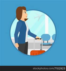 Young woman at the airport with a suitcase. Woman standing at the airport and looking through the window at the flying airplane. Vector flat design illustration in the circle isolated on background.. Woman at the airport with suitcase.